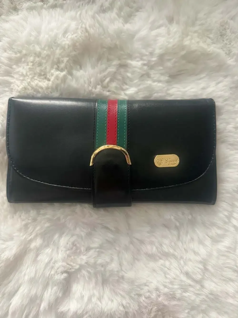 Vintage Gucci Sherry Line Long Wallet with Green and Red Web and Gold Tone Hardw